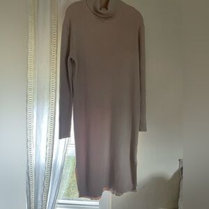 Turtleneck Ribbed Knit Dress in Beige size M
